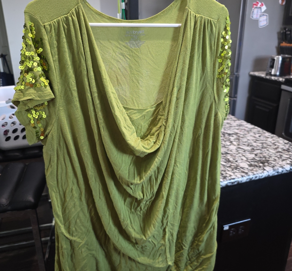 Avenue Olive Green Draped Cowl Neck Top with Sequin Sleeves